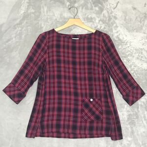 J. Jill Top Womens XS Petite Red Pink Plaid 3/4 Sleeve Pocket Round Neck A Line